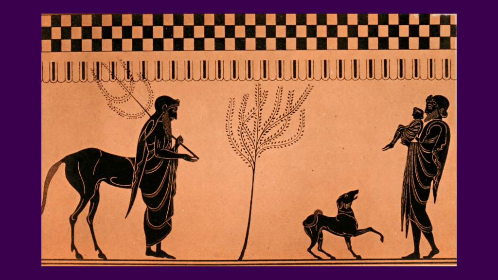 Black on red vase painting of Chiron as a centaur, clearly in Greek dress and with the body of a human man, combined with a horse body and back legs. He is a approached by a figure holding a child