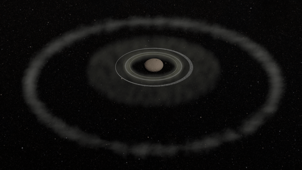 Image of a small rocky body with many layers of rings around it 